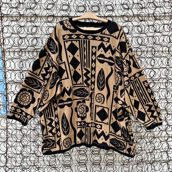 Vintage Top Notch black tan geometric Egyptian print sweater - Picture 1 of 6